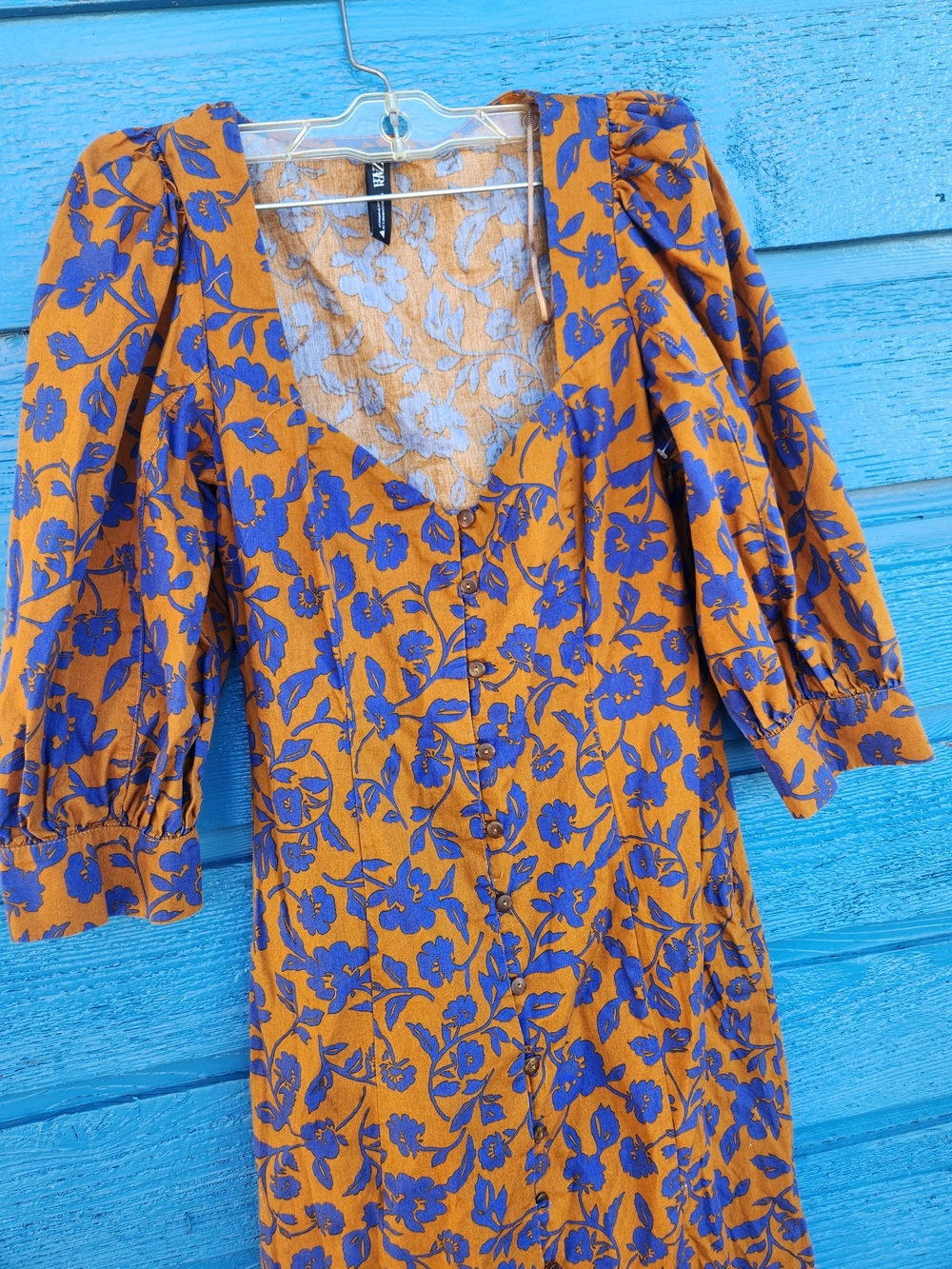 Zara Mustard Midi Dress with Blue Floral Print - Picture 2 of 11